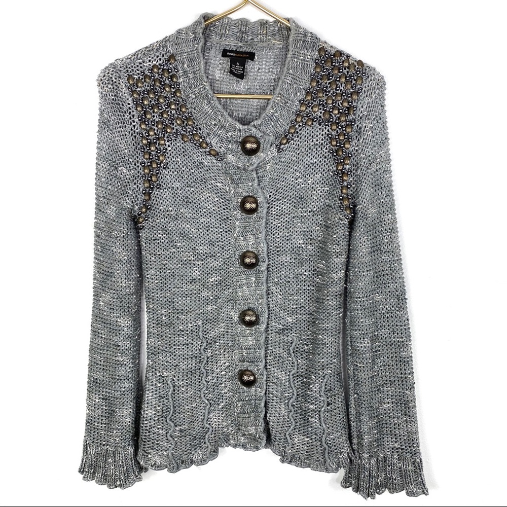 BCBGMAXAZRIA Boho Knit Flared Embellished Cardigan